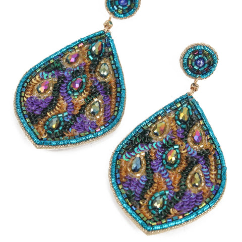 My Doris Hand Beaded Blue Peadcock Teardrop Stud Earrings