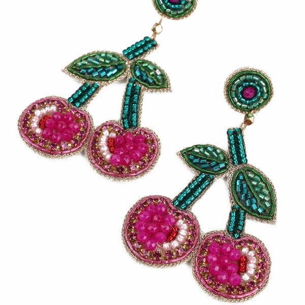 My Doris Hand Beaded Pink Cherry Stud Earrings
