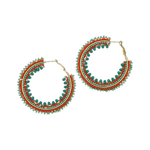 The Narratives Coral & Aqua Large Beaded Hoop Earrings