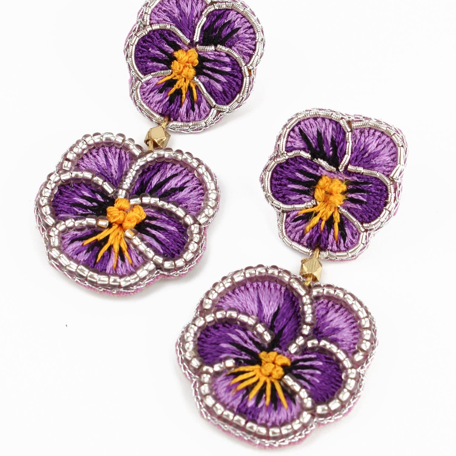 My Doris Hand Beaded Double Purple Pansy Earrings