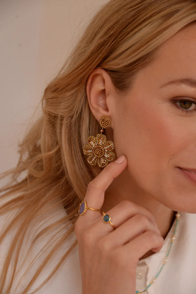 My Doris Hand Beaded Gold Flower Stud Earrings