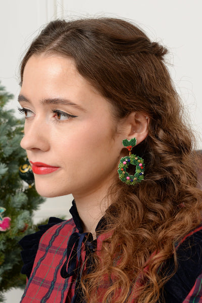 My Doris Hand Beaded Christmas Wreath Stud Earrings
