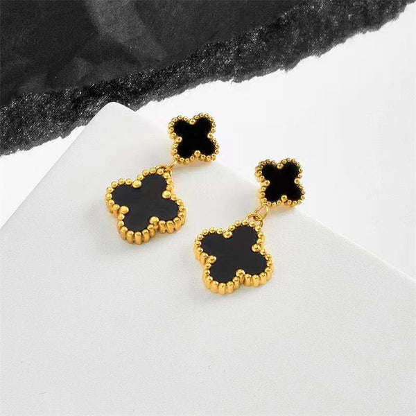 Last True Angel Black Double Clover Drop Earrings