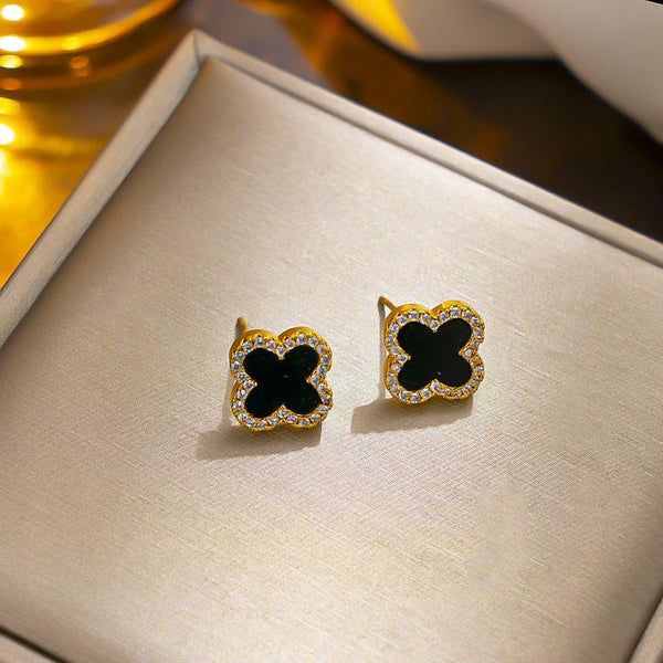 Last True Angel Black Crystal Studded Clover Stud Earrings