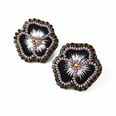 My Doris Black Pansy Hand Beaded Earrings