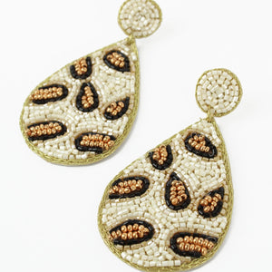 My Doris Hand Beaded White Leopard Print Earrings