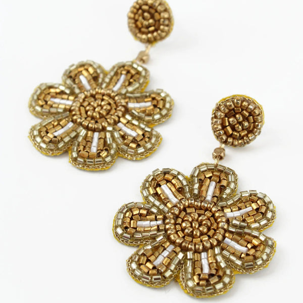 My Doris Hand Beaded Gold Flower Stud Earrings