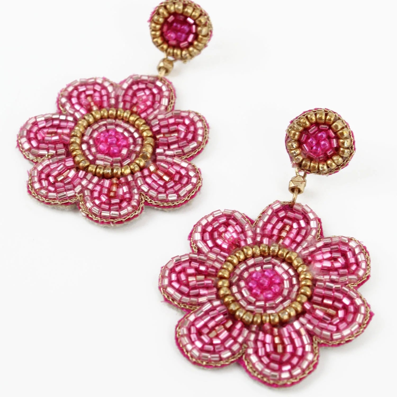 My Doris Hand Beaded Pink Flower Stud Earrings