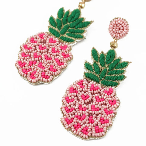 My Doris Hand Beaded Pink Heart Pineapple Stud Earrings