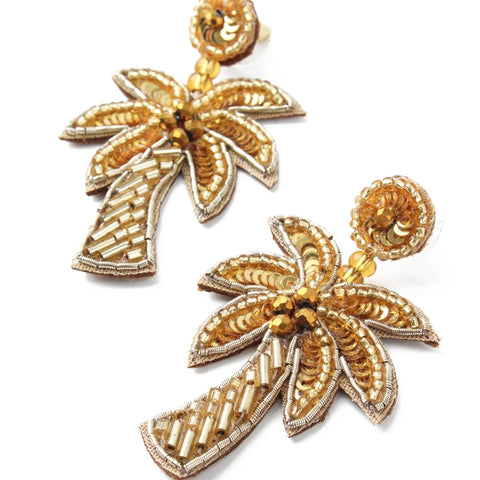 My Doris Hand Beaded Gold Palm Tree Stud Earrings