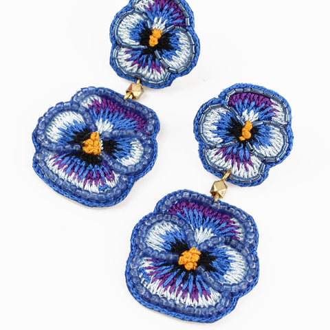 My Doris Hand Beaded Dark Blue Double Pansy Earrings