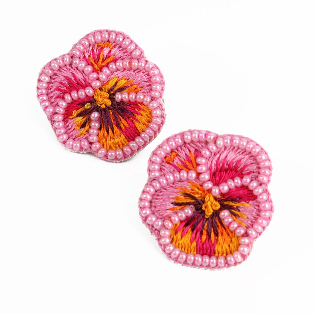 My Doris Hand Beaded Pink Pansy Earrings