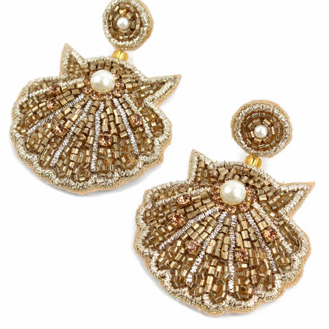 My Doris Hand Beaded Gold Shell Stud Earrings