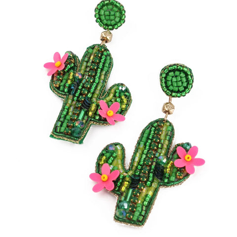 My Doris Hand Beaded Green Cactus Stud Earrings