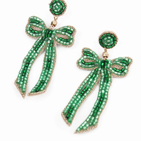 My Doris Hand Beaded Green Bow Stud Earrings
