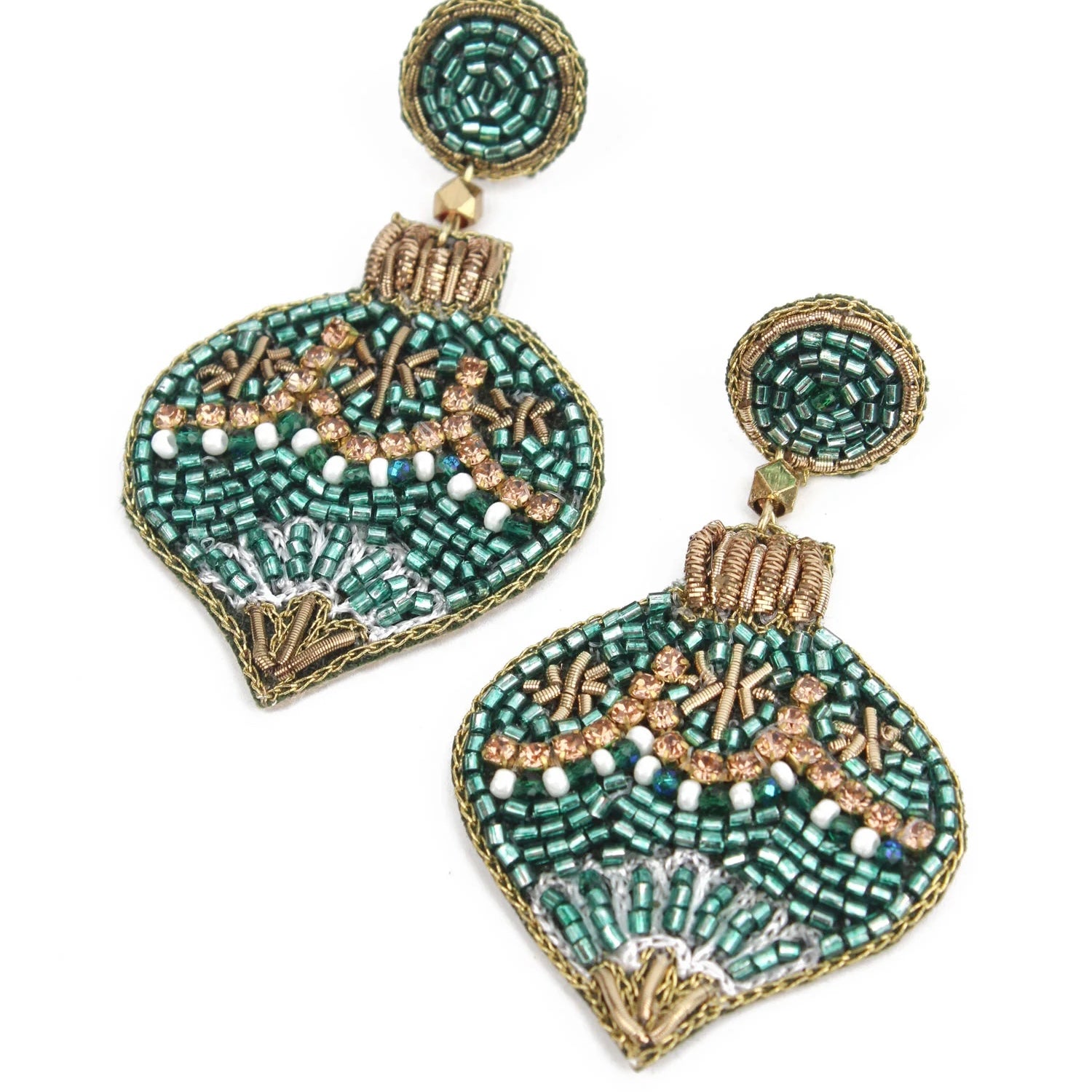 My Doriss Hand Beaded Green Christmas Bauble Stud Earrings