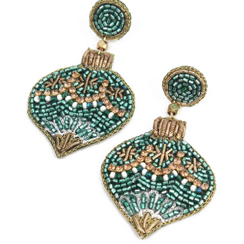 My Doriss Hand Beaded Green Christmas Bauble Stud Earrings