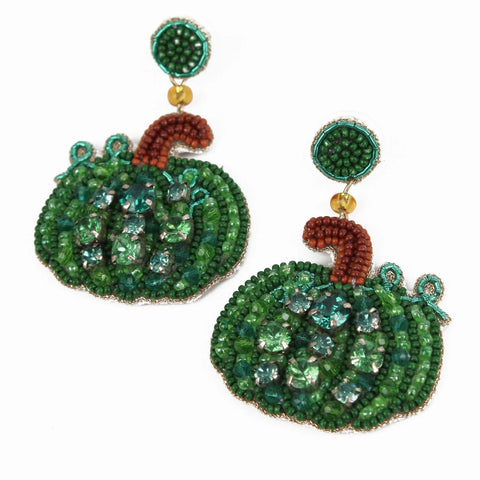 My Doris Hand Beaded Green Pumpkin Stud Earrings