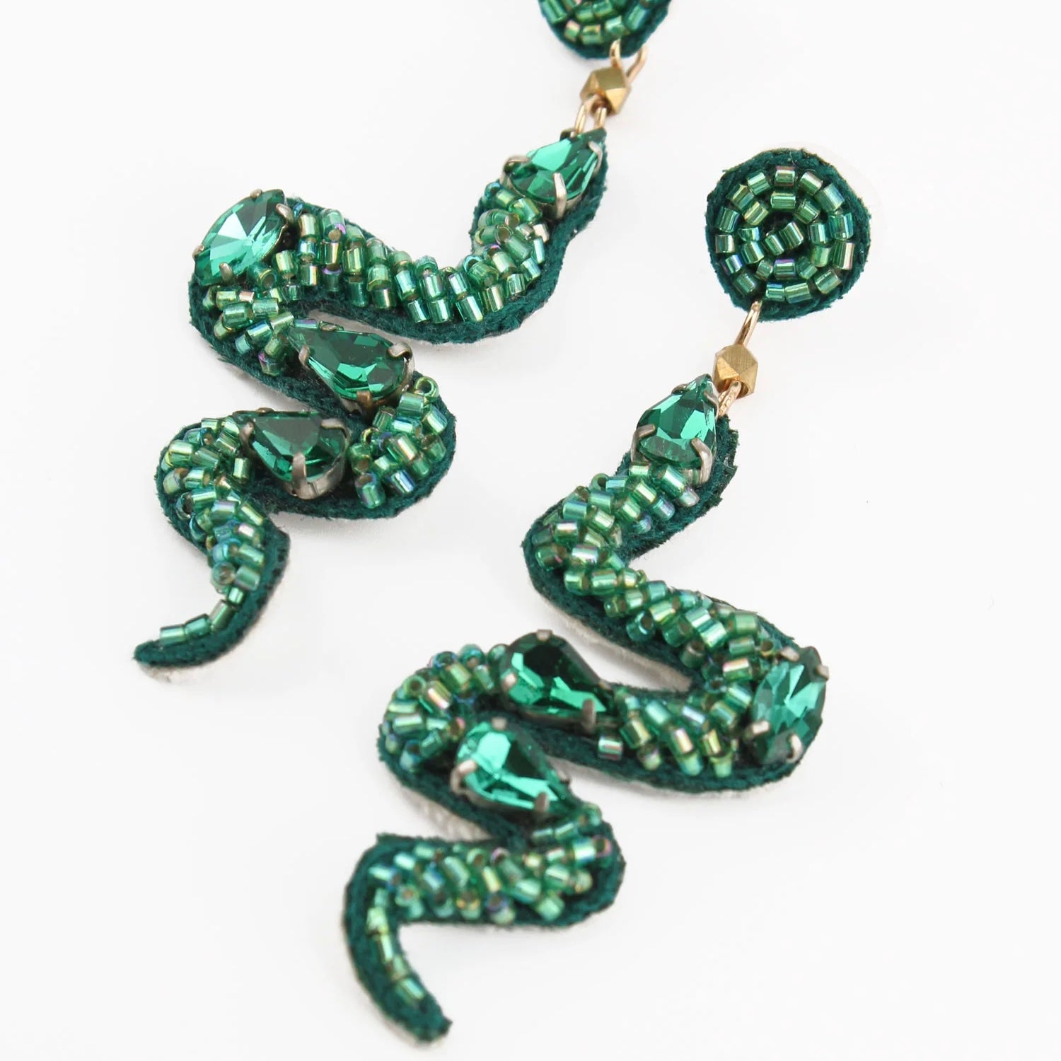 My Doris Hand Beaded Green Snake Stud Earrings