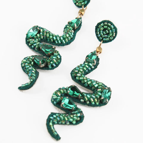 My Doris Hand Beaded Green Snake Stud Earrings