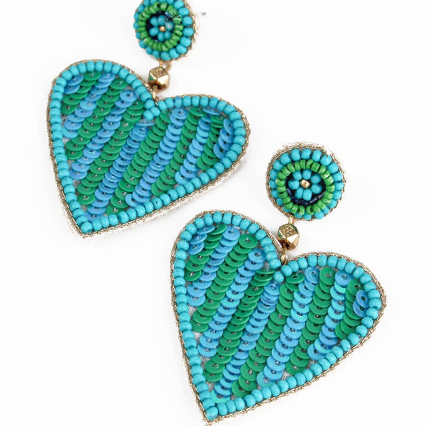 My Doris Green & Turquoise Hand Beaded Heart Earrings