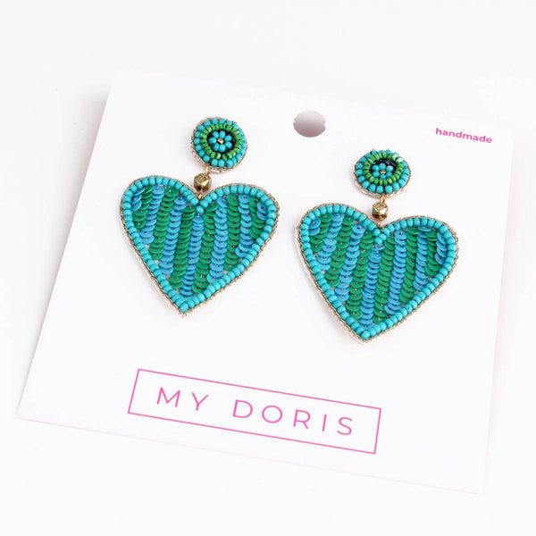 My Doris Green & Turquoise Hand Beaded Heart Earrings