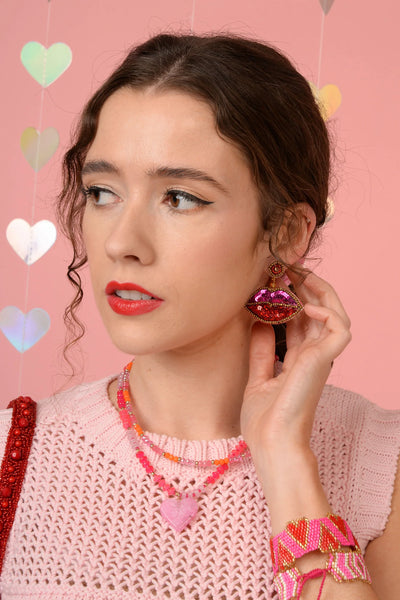 My Doris Hand Beaded Lips Drop Stud Earrings