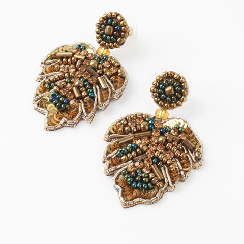 My Doris Hand Beaded Gold Monstera Stud Earrings