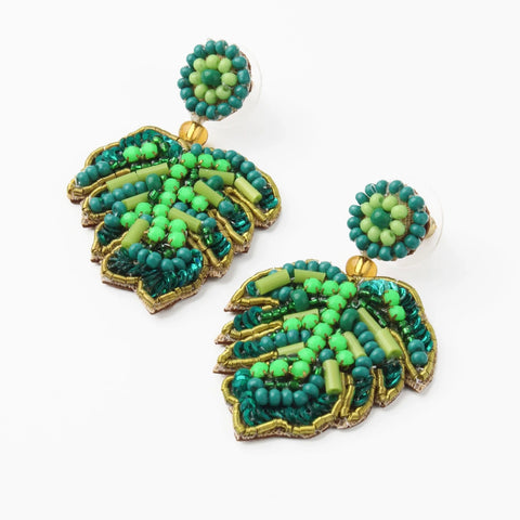 My Doris Hand Beaded Green Monstera Stud Earrings