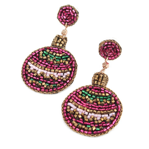 My Doris Hand Beaded Pink & Green Christmas Bauble Stud Earrings