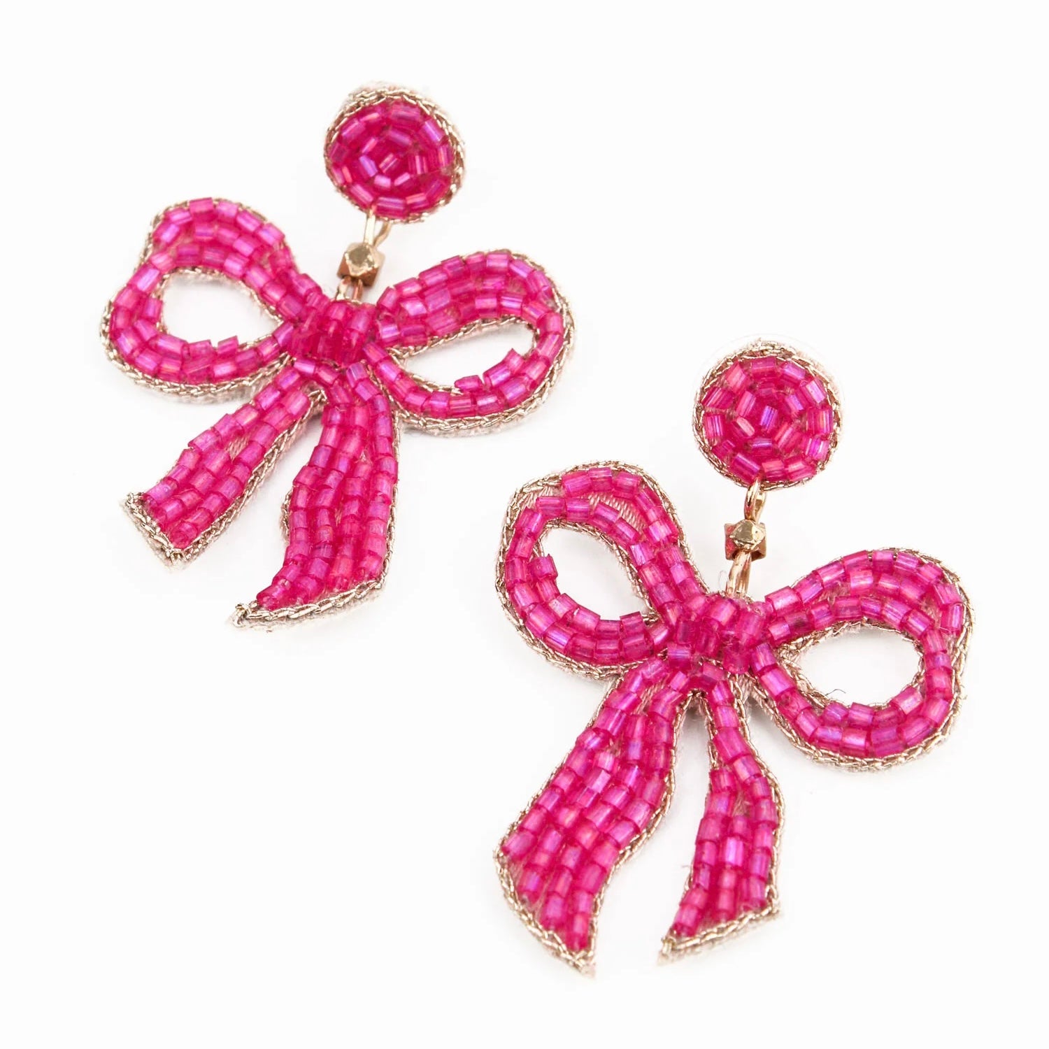 My Doris Hand Beaded Pink Bow Stud Earrings
