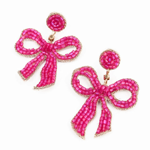 My Doris Hand Beaded Pink Bow Stud Earrings