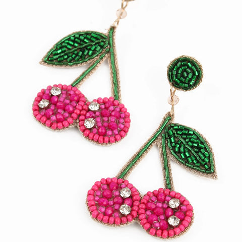 My Doris Hand Beaded Pink Cherry Stud Earrings