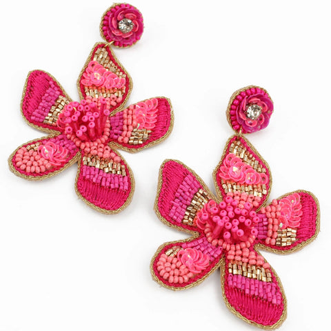 My Doris Hand Beaded Pink Flower Stud Earrings