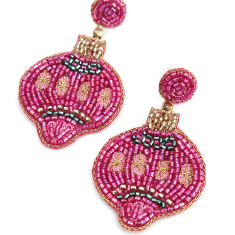 My Doris Hand Beaded Pink & Green Christmas Bauble Stud Earrings