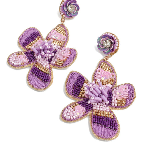 My Doris Hand Beaded Purple Flower Stud Eararings