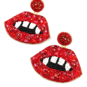 My Doris Hand Beaded Halloween Red Fang Lips Stud Earrings