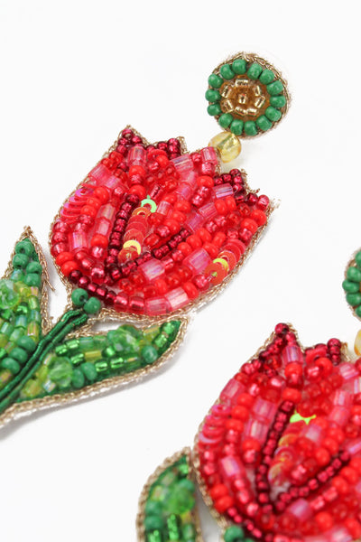 My Doris Hand Beaded Red Tulip Stud Earrings