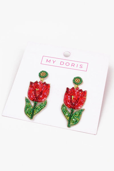 My Doris Hand Beaded Red Tulip Stud Earrings