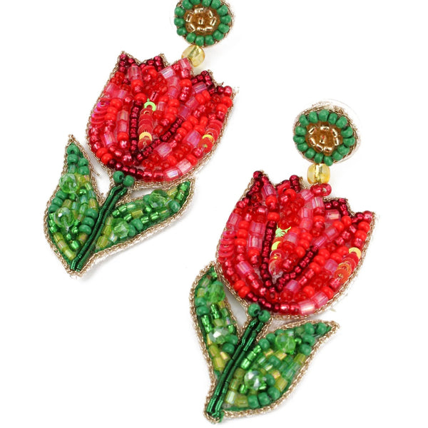 My Doris Hand Beaded Red Tulip Stud Earrings