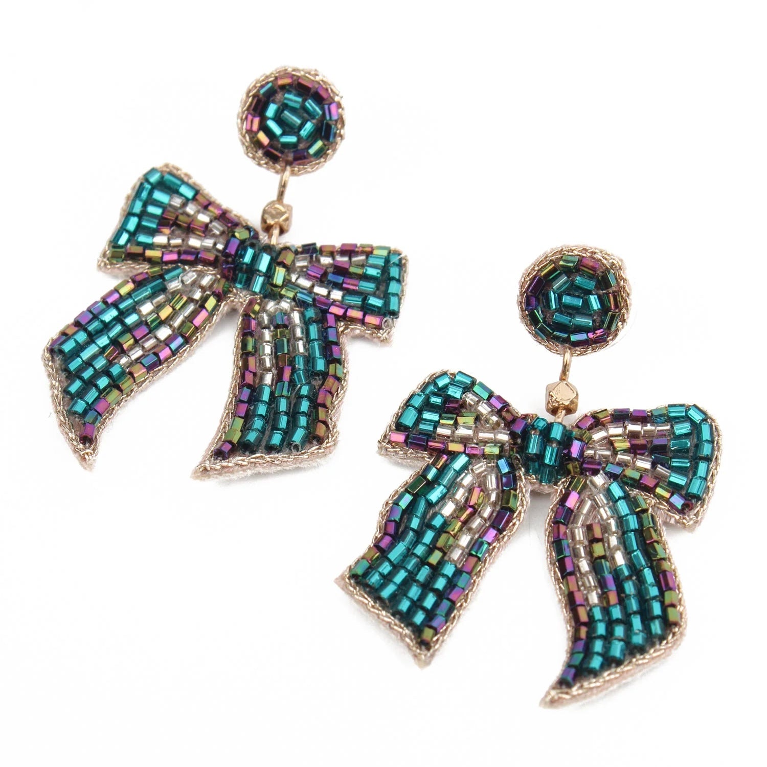 My Doris Hand Beaded Teal Blue Bow Stud Earrings