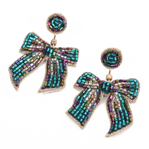 My Doris Hand Beaded Teal Blue Bow Stud Earrings