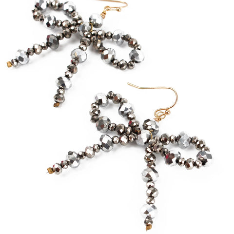 My Doris Hand Beaded Silver Bow Earrings