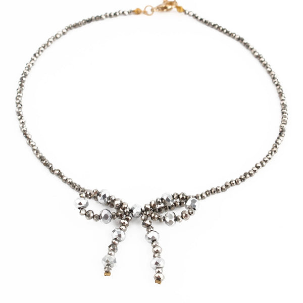 My Doris Hand Beaded Silver Bow Necklace