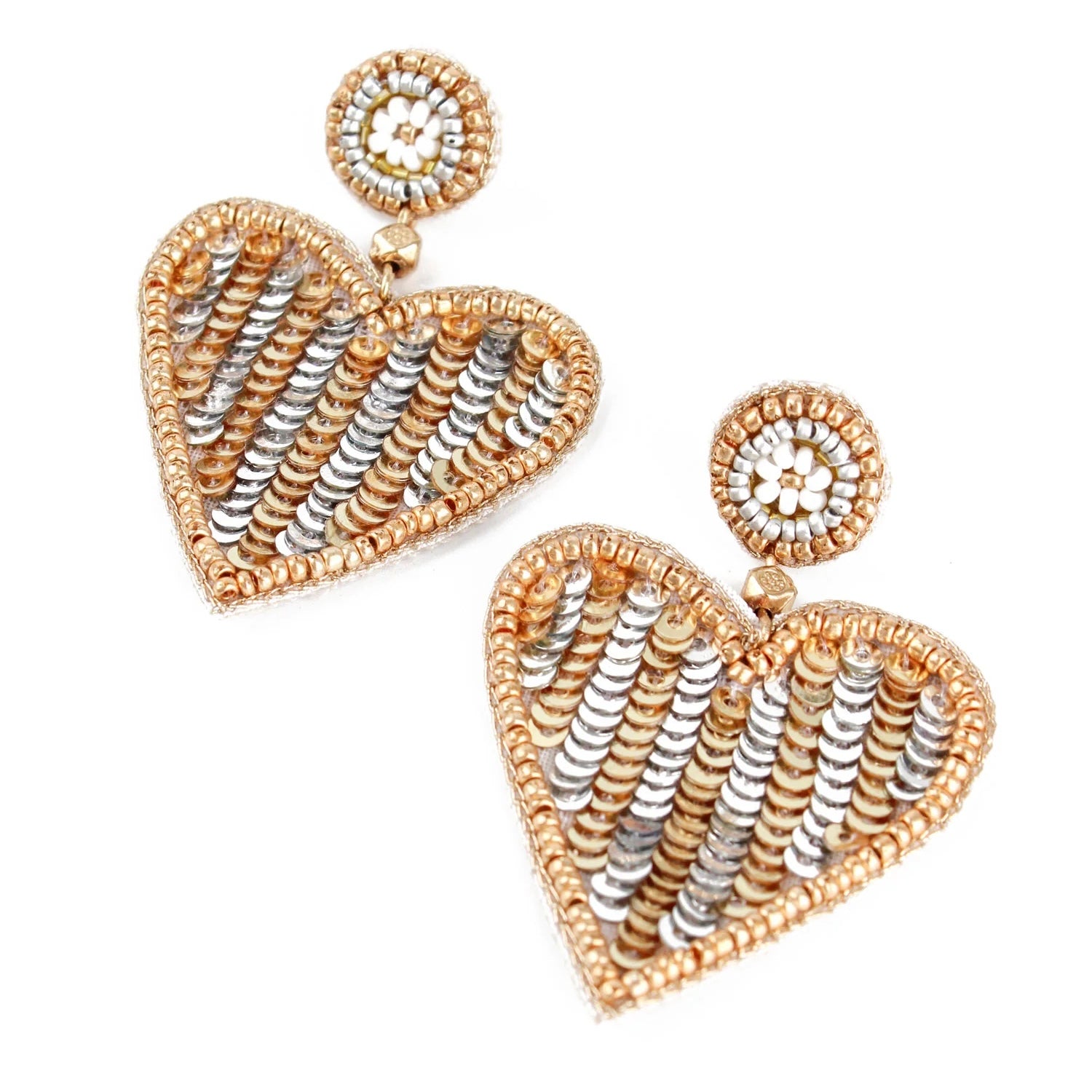 My Doris Hand Beaded Gold & Silver Striped Heart Stud Earrings