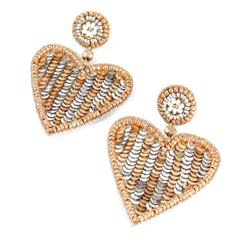 My Doris Hand Beaded Gold & Silver Striped Heart Stud Earrings
