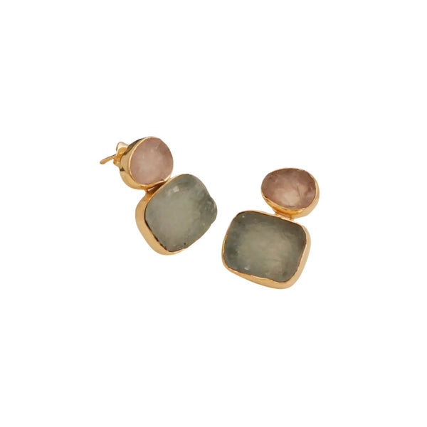 El Joyero Handmade Raw Rose Quartz & Aquamarine Stud Earrings