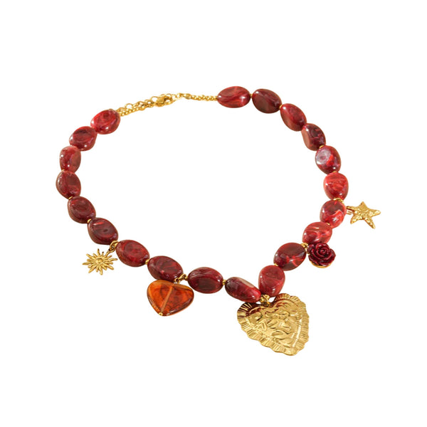 Eclat Paris Burgundy Red Statement Beaded Necklace