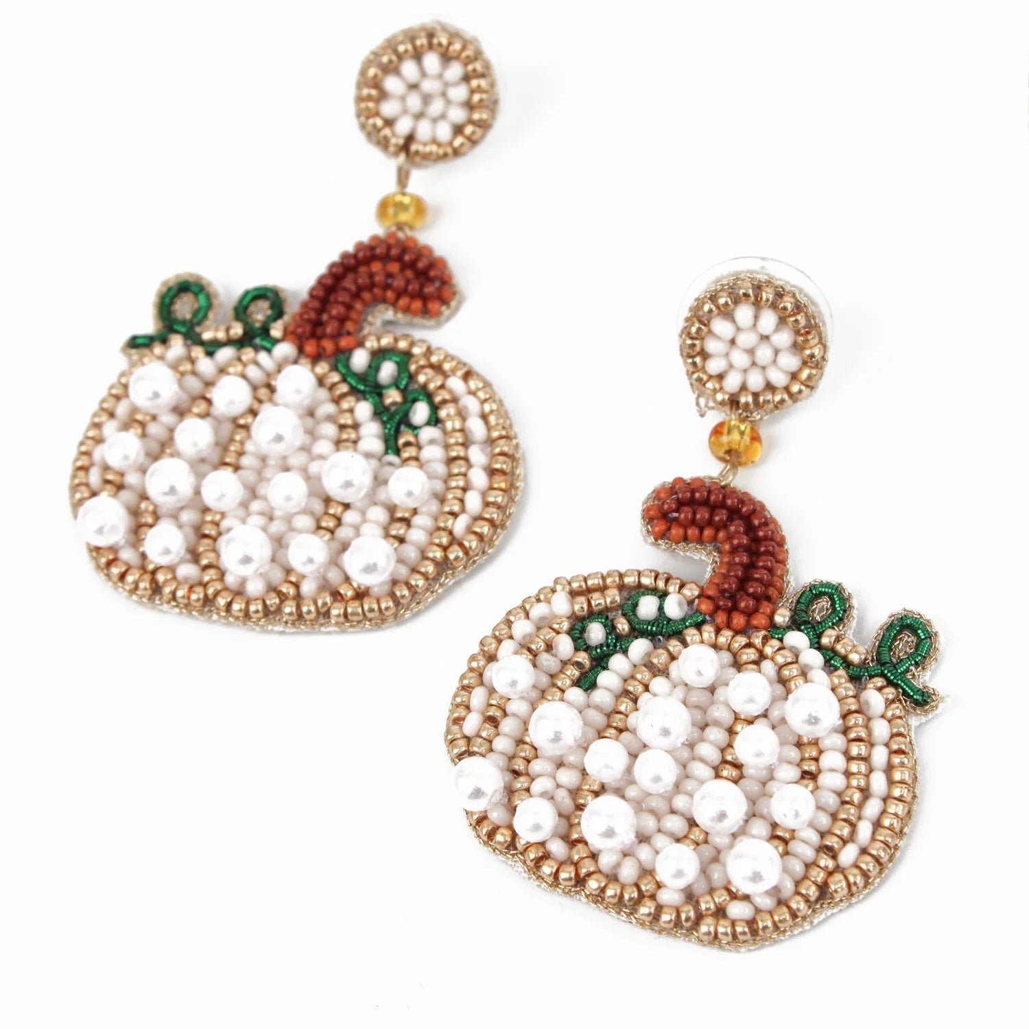 My Doris Hand Beaded White Pumpkin Stud Earrings