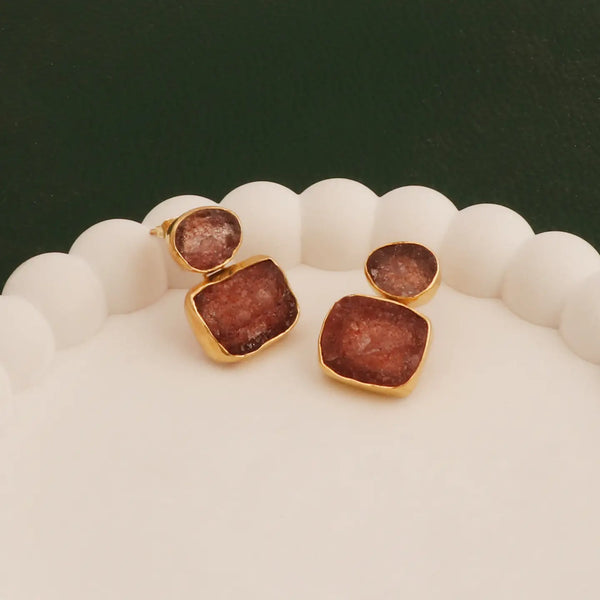 El Joyero Handmade Raw Strawberry Quartz Gemstone Stud Earrings